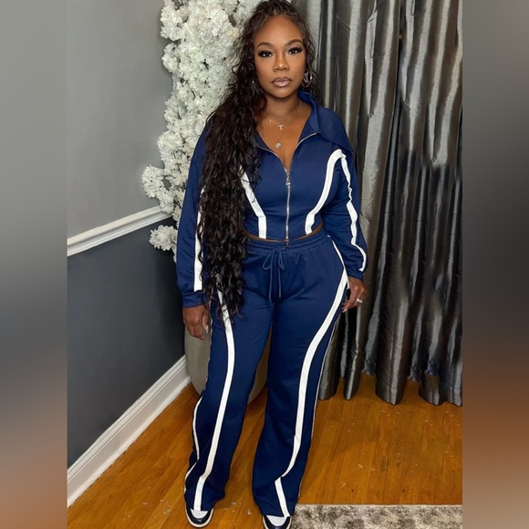 Retro collar jacket and fitted wide leg jogger pants (blue) - Picture 2 of 8